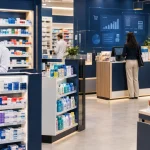 Farmacêutico em drogaria com medicamentos e cosméticos representa diferentes regras de IBS e CBS no varejo farmacêutico