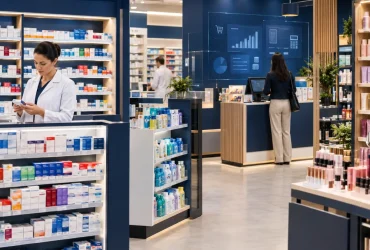 Farmacêutico em drogaria com medicamentos e cosméticos representa diferentes regras de IBS e CBS no varejo farmacêutico