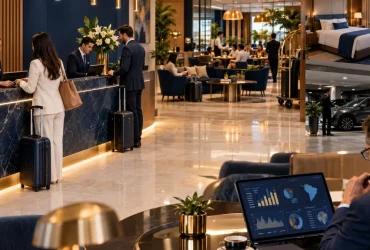 Hotel com recepção e hóspedes representa o regime específico de IBS e CBS com redução de 40% para a hotelaria