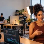 Influenciador digital em estúdio de criação representa os impactos do IBS e da CBS sobre publicidade, monetização e plataformas digitais