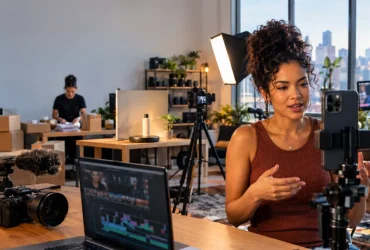 Influenciador digital em estúdio de criação representa os impactos do IBS e da CBS sobre publicidade, monetização e plataformas digitais