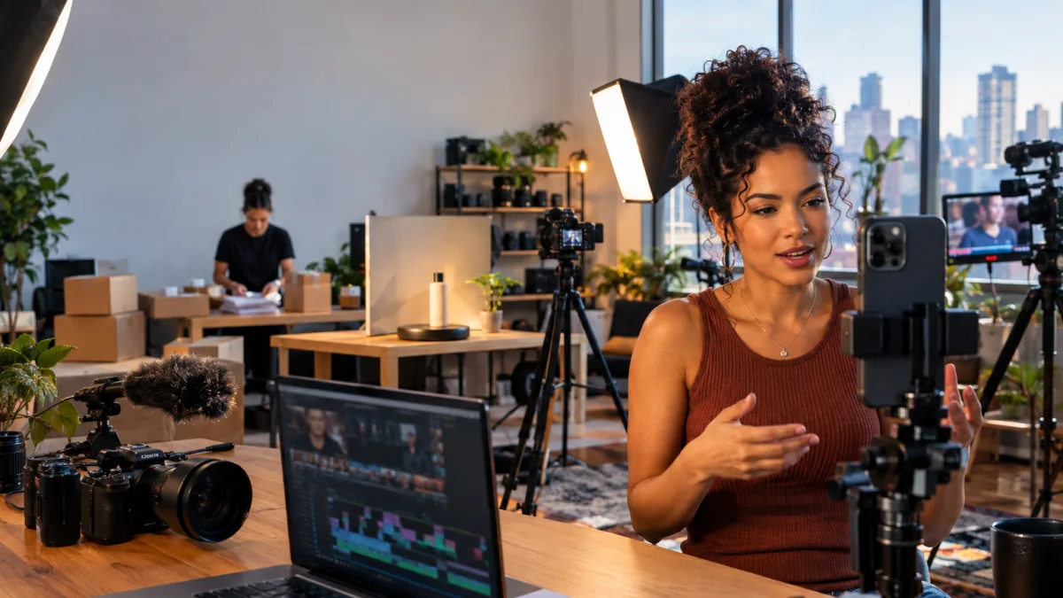 Influenciador digital em estúdio de criação representa os impactos do IBS e da CBS sobre publicidade, monetização e plataformas digitais