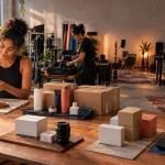 Influenciador produz conteúdo em estúdio com produtos de marcas e equipamentos, representando as novas regras de IBS e CBS para publis, permutas e monetização