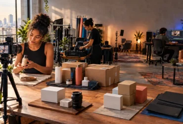 Influenciador produz conteúdo em estúdio com produtos de marcas e equipamentos, representando as novas regras de IBS e CBS para publis, permutas e monetização