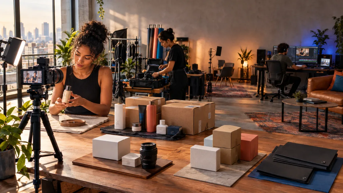 Influenciador produz conteúdo em estúdio com produtos de marcas e equipamentos, representando as novas regras de IBS e CBS para publis, permutas e monetização