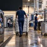 Lavanderia industrial com máquinas, roupas e enxovais representa os impactos do IBS e da CBS no setor