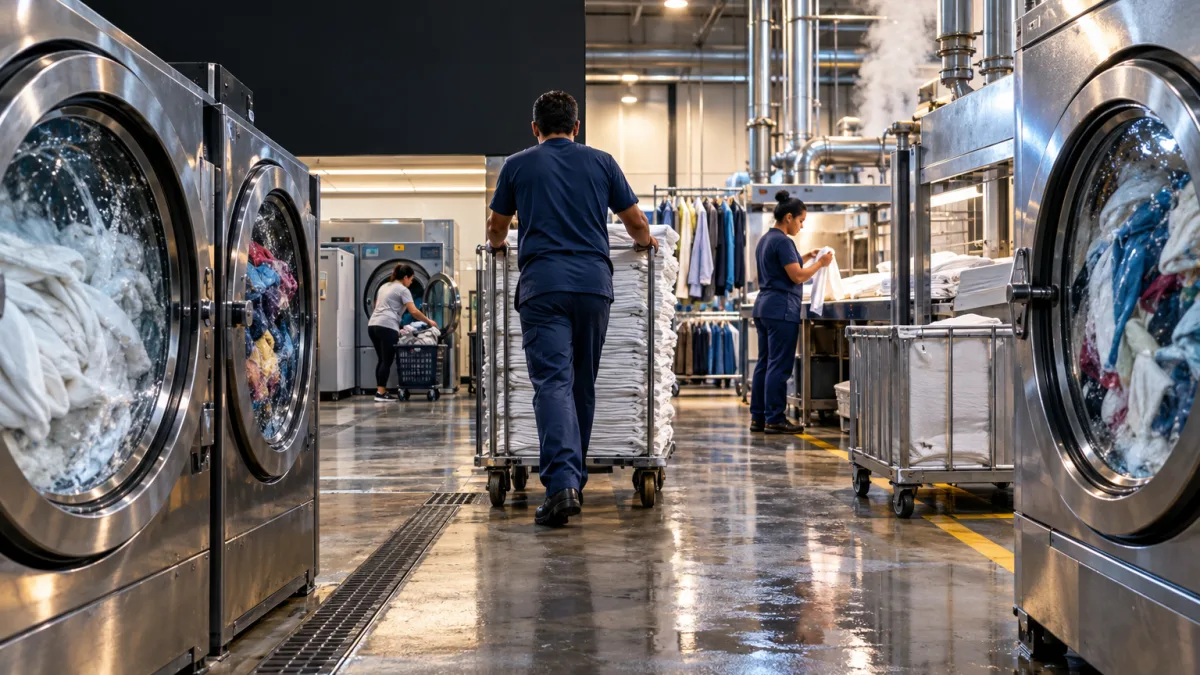 Lavanderia industrial com máquinas, roupas e enxovais representa os impactos do IBS e da CBS no setor