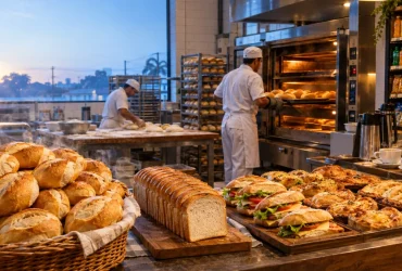 Padaria brasileira com pão francês, pão de forma, café e salgados representa os diferentes tratamentos de IBS e CBS da Reforma Tributária