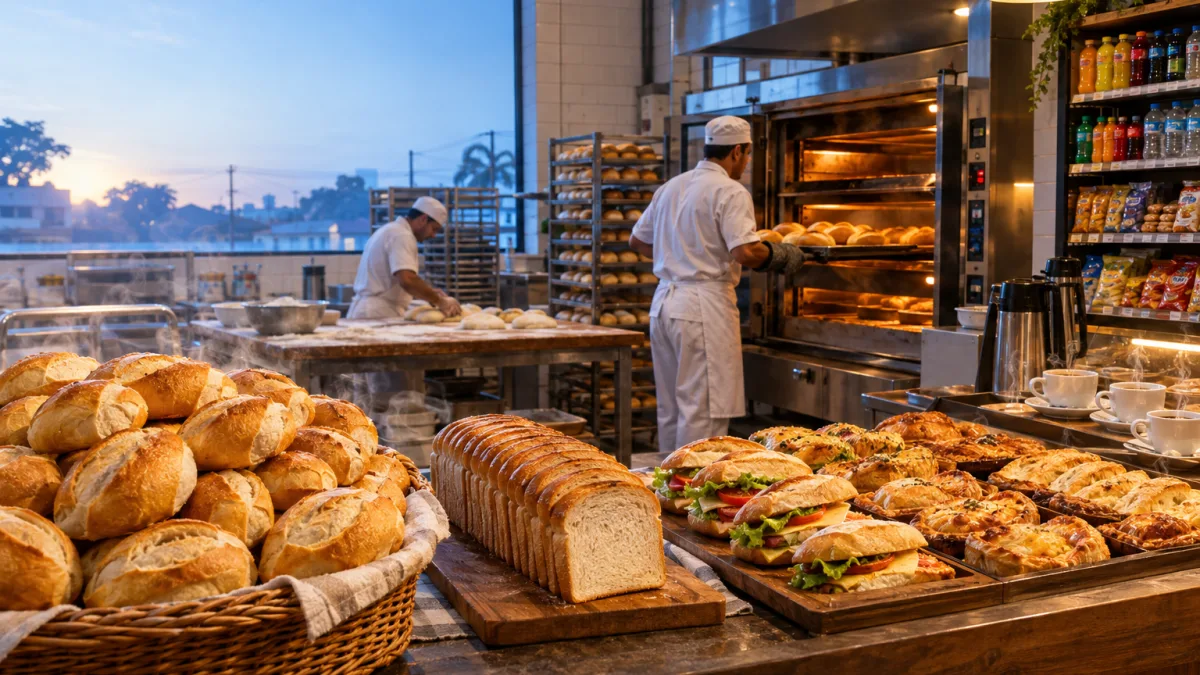 Padaria brasileira com pão francês, pão de forma, café e salgados representa os diferentes tratamentos de IBS e CBS da Reforma Tributária