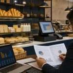 Padaria com pão francês, pão de forma, lanches e sistema de caixa separando diferentes tratamentos de IBS e CBS