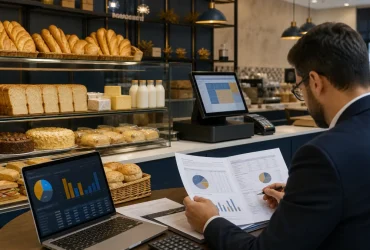 Padaria com pão francês, pão de forma, lanches e sistema de caixa separando diferentes tratamentos de IBS e CBS