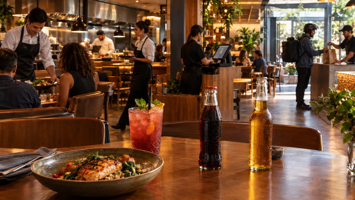 Restaurante com refeição preparada, bebidas e delivery representa os diferentes tratamentos do IBS e da CBS previstos para o setor de alimentação