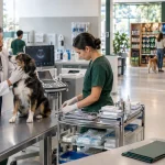 Médico-veterinário atende cachorro em clínica com equipamentos e produtos pet, representando as novas regras de IBS e CBS e a redução de 30% para serviços profissionais