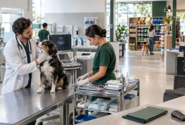 Médico-veterinário atende cachorro em clínica com equipamentos e produtos pet, representando as novas regras de IBS e CBS e a redução de 30% para serviços profissionais
