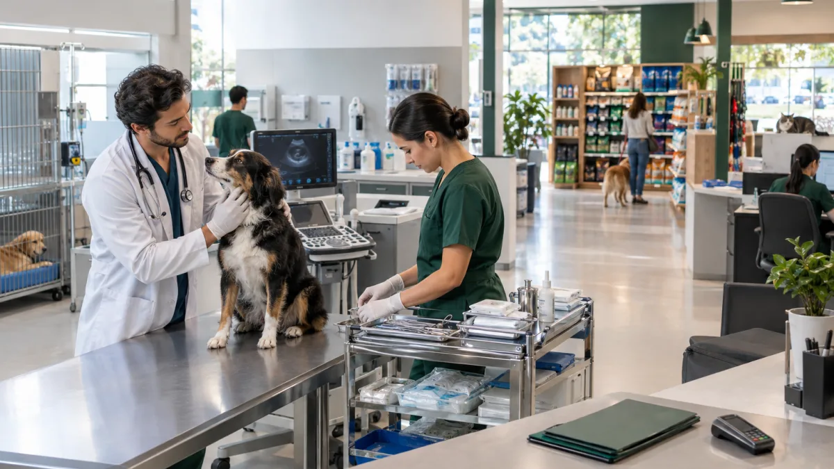 Reforma Tributária para veterinários: redução de 30% no IBS e CBS, Simples, Fator R e regras societárias mudam a tributação das clínicas Médico-veterinário atende cachorro em clínica com equipamentos e produtos pet, representando as novas regras de IBS e CBS e a redução de 30% para serviços profissionais
