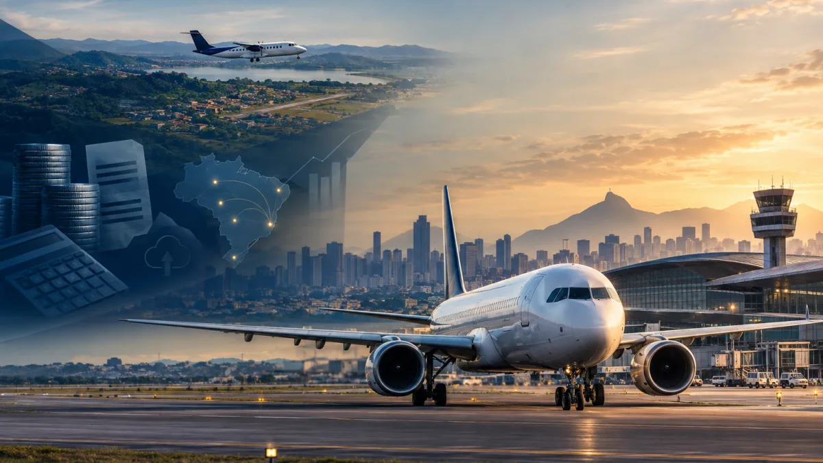 Reforma Tributária pode elevar a carga sobre voos domésticos, mas aviação regional terá redução de 40% no IBS e CBS Avião comercial em aeroporto brasileiro representa impacto do IBS e CBS sobre a tributação dos voos domésticos