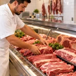 Açougueiro organiza cortes de carne no balcão refrigerado de açougue brasileiro