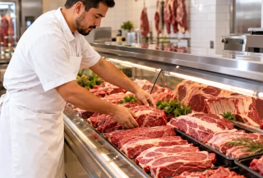 Açougueiro organiza cortes de carne no balcão refrigerado de açougue brasileiro