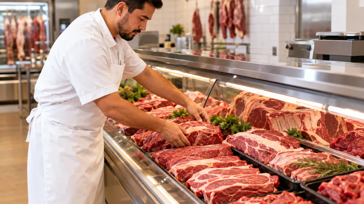 Reforma Tributária zera IBS e CBS da carne, mas açougues precisarão revisar cadastro e Simples Nacional Açougueiro organiza cortes de carne no balcão refrigerado de açougue brasileiro