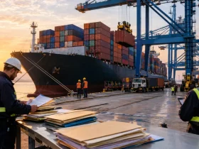 Contêineres em porto brasileiro representando o cálculo de IBS e CBS na importação de mercadorias com Imposto de Importação, Siscomex e AFRMM