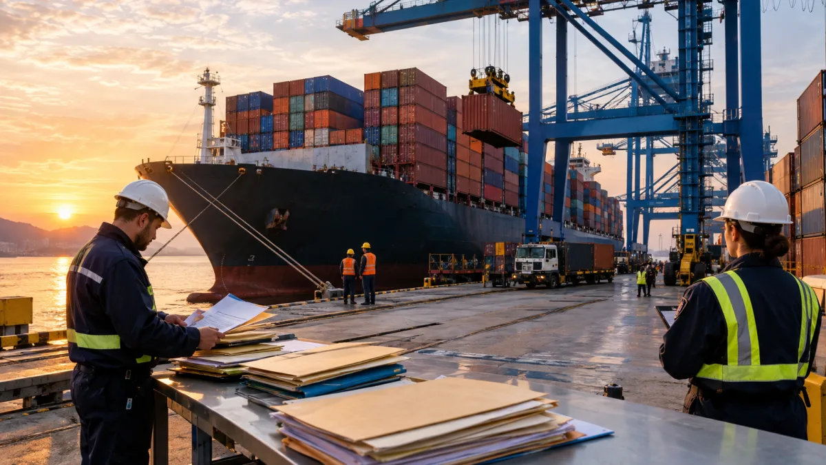 Como calcular a base do IBS e da CBS na importação de mercadorias com Imposto de Importação, Siscomex e AFRMM? Contêineres em porto brasileiro representando o cálculo de IBS e CBS na importação de mercadorias com Imposto de Importação, Siscomex e AFRMM