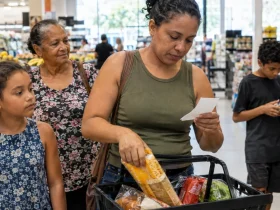É necessário fazer cadastro para receber o cashback do IBS e da CBS? Família brasileira em supermercado ilustrando como funciona o cashback do IBS e da CBS para inscritos no CadÚnico