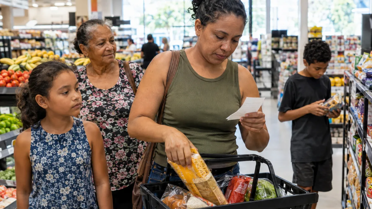 Família brasileira em supermercado ilustrando como funciona o cashback do IBS e da CBS para inscritos no CadÚnico