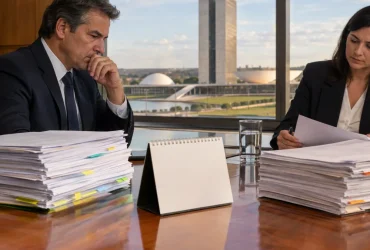 Calendário e documentos financeiros ilustram prazos de 30 de outubro e 15 de dezembro para definição da CBS de 2027