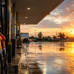 Bomba de combustível em posto brasileiro e calendário da cobrança da CBS a partir de 8 de janeiro de 2027