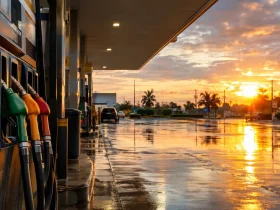 Bomba de combustível em posto brasileiro e calendário da cobrança da CBS a partir de 8 de janeiro de 2027