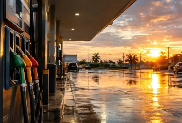Bomba de combustível em posto brasileiro e calendário da cobrança da CBS a partir de 8 de janeiro de 2027