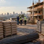 Materiais de construção como cimento, aço e tijolos em obra residencial representam discussão sobre crédito de IBS e CBS