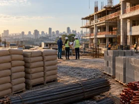 Construção civil: materiais vão gerar crédito de IBS e CBS? Materiais de construção como cimento, aço e tijolos em obra residencial representam discussão sobre crédito de IBS e CBS