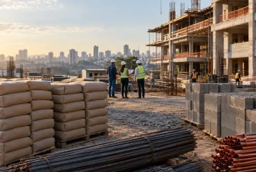 Materiais de construção como cimento, aço e tijolos em obra residencial representam discussão sobre crédito de IBS e CBS