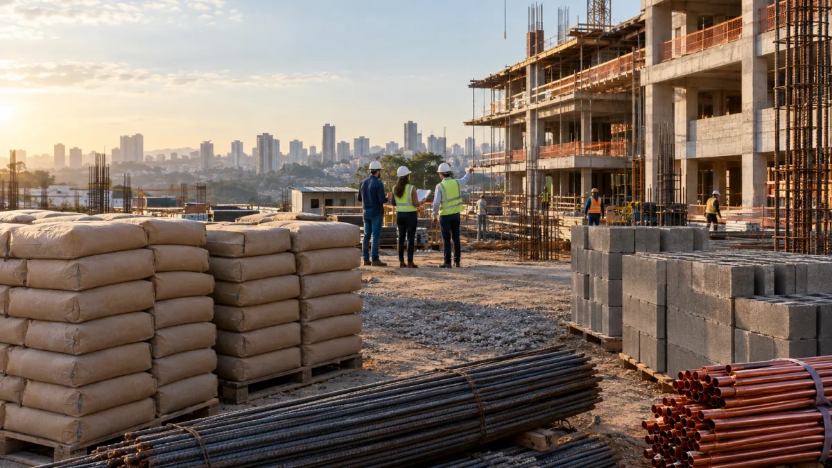 Construção civil: materiais vão gerar crédito de IBS e CBS? Materiais de construção como cimento, aço e tijolos em obra residencial representam discussão sobre crédito de IBS e CBS