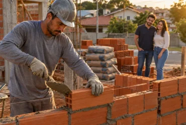 Pedreiro assenta tijolos em obra de casa residencial contratada por família