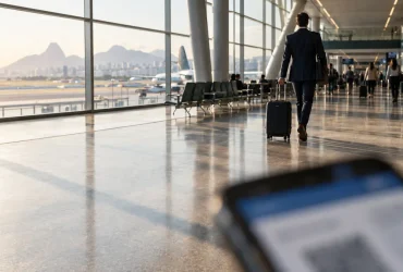 Viajante profissional em aeroporto representando a possibilidade de créditos de IBS e CBS sobre passagens aéreas compradas por empresas em 2027