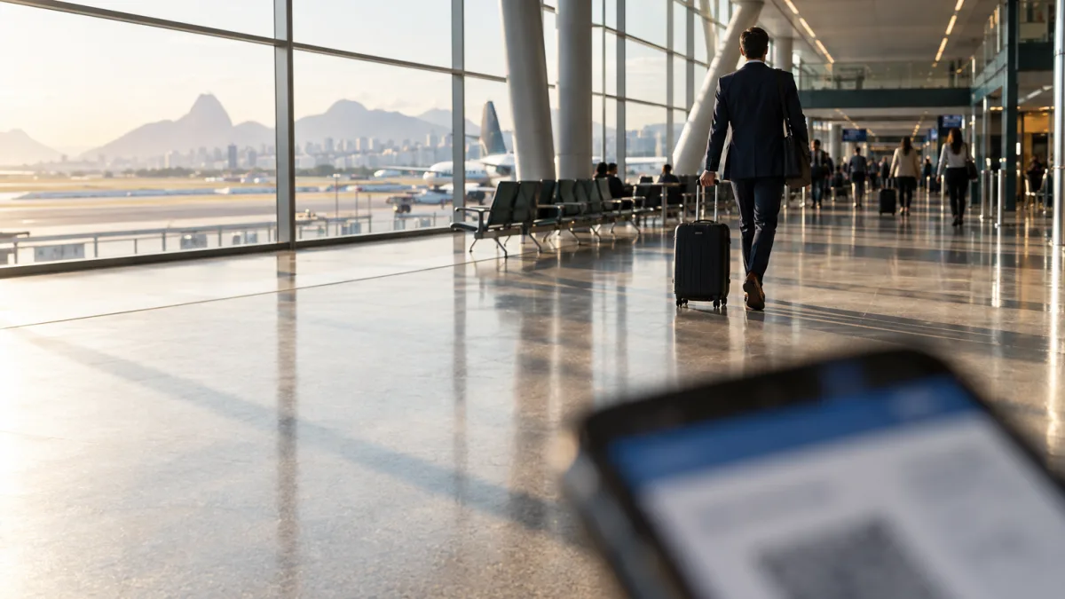Empresas poderão aproveitar créditos de IBS e CBS na compra de passagens aéreas para viagens de trabalho? Viajante profissional em aeroporto representando a possibilidade de créditos de IBS e CBS sobre passagens aéreas compradas por empresas em 2027