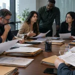 Equipes analisam dossiês fiscais, representando fiscalização conjunta do IBS por diferentes entes federativos