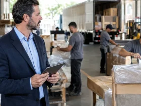 Empresário vende para clientes de outros estados e descobre que poderá ser fiscalizado por diferentes fiscos Centro de distribuição com mercadorias destinadas a outros estados, ilustrando fiscalização interestadual do IBS