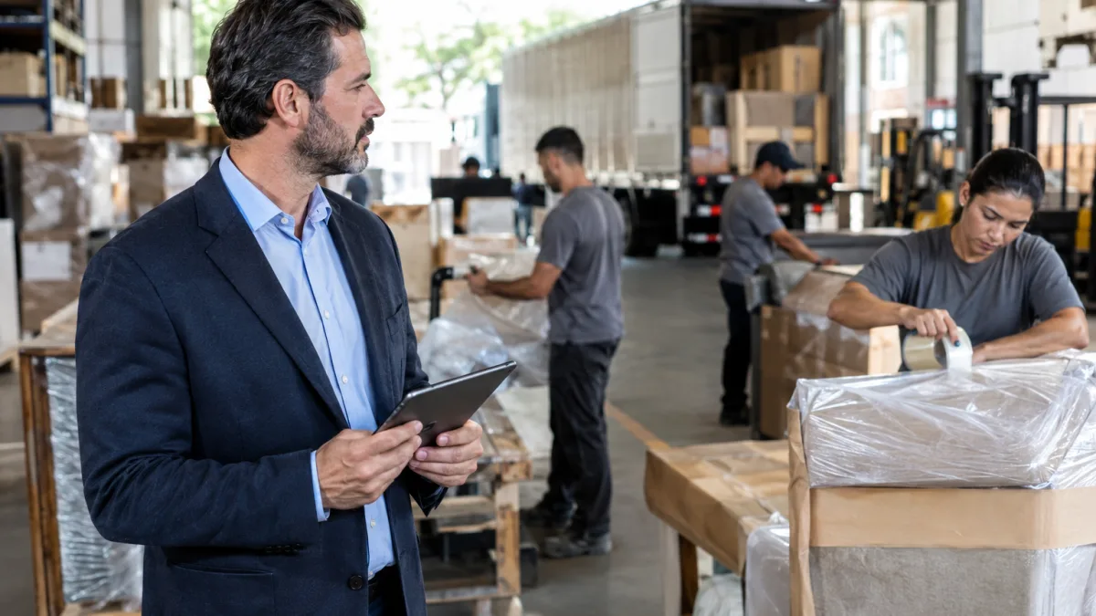 Empresário vende para clientes de outros estados e descobre que poderá ser fiscalizado por diferentes fiscos Centro de distribuição com mercadorias destinadas a outros estados, ilustrando fiscalização interestadual do IBS