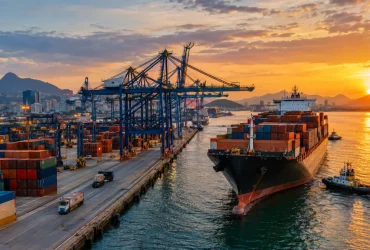 Porto brasileiro com mercadorias destinadas à exportação ilustra a regra de não incidência do Imposto Seletivo e a exceção da extração mineral