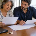 Mãe e filho analisam documentos de herança e o cálculo progressivo do ITCMD após a Reforma Tributária