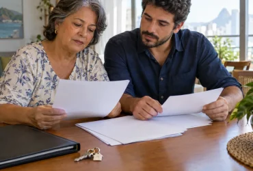 Mãe e filho analisam documentos de herança e o cálculo progressivo do ITCMD após a Reforma Tributária