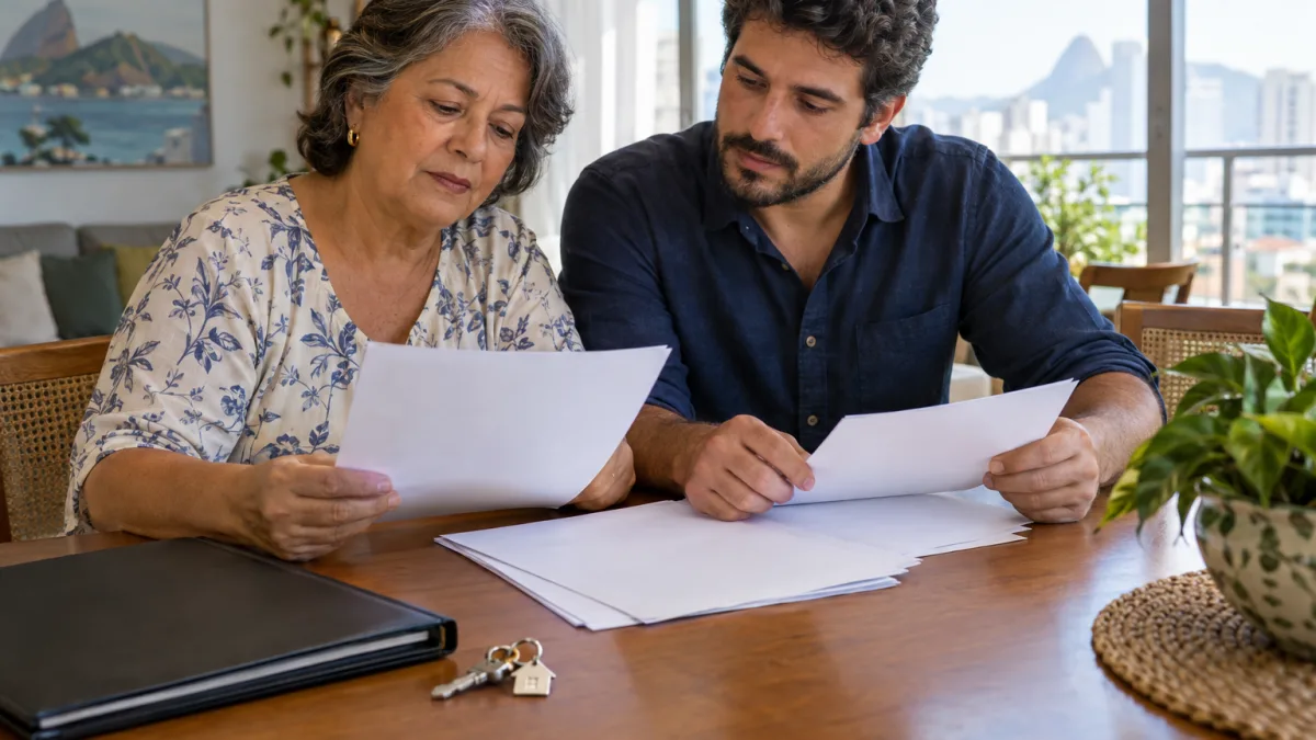 Mãe e filho analisam documentos de herança e o cálculo progressivo do ITCMD após a Reforma Tributária