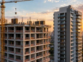 Edifício residencial em construção ilustra a tributação de imóveis vendidos na planta pelo IBS e pela CBS