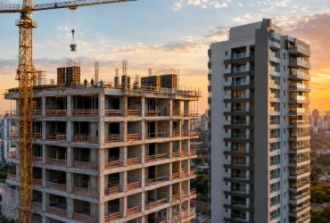 Edifício residencial em construção ilustra a tributação de imóveis vendidos na planta pelo IBS e pela CBS