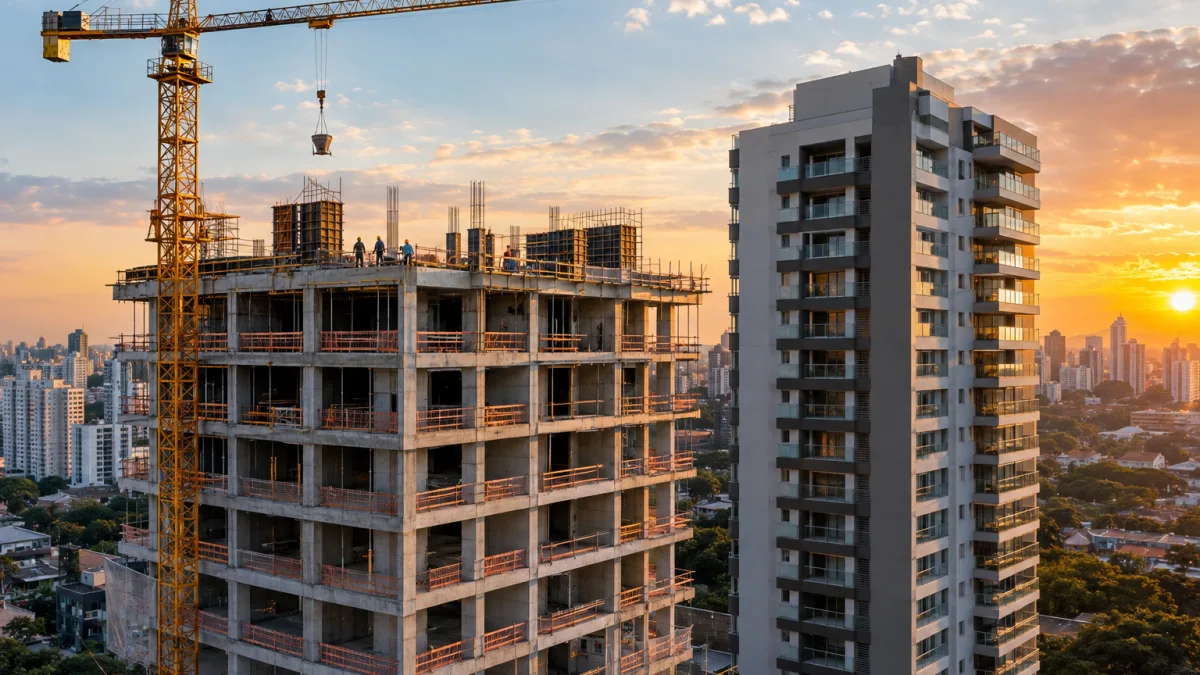 Edifício residencial em construção ilustra a tributação de imóveis vendidos na planta pelo IBS e pela CBS