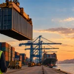 Contêineres em terminal de importação, ilustrando as regras de IBS e CBS para adquirentes e tradings na importação por conta e ordem