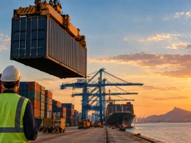 Contêineres em terminal de importação, ilustrando as regras de IBS e CBS para adquirentes e tradings na importação por conta e ordem
